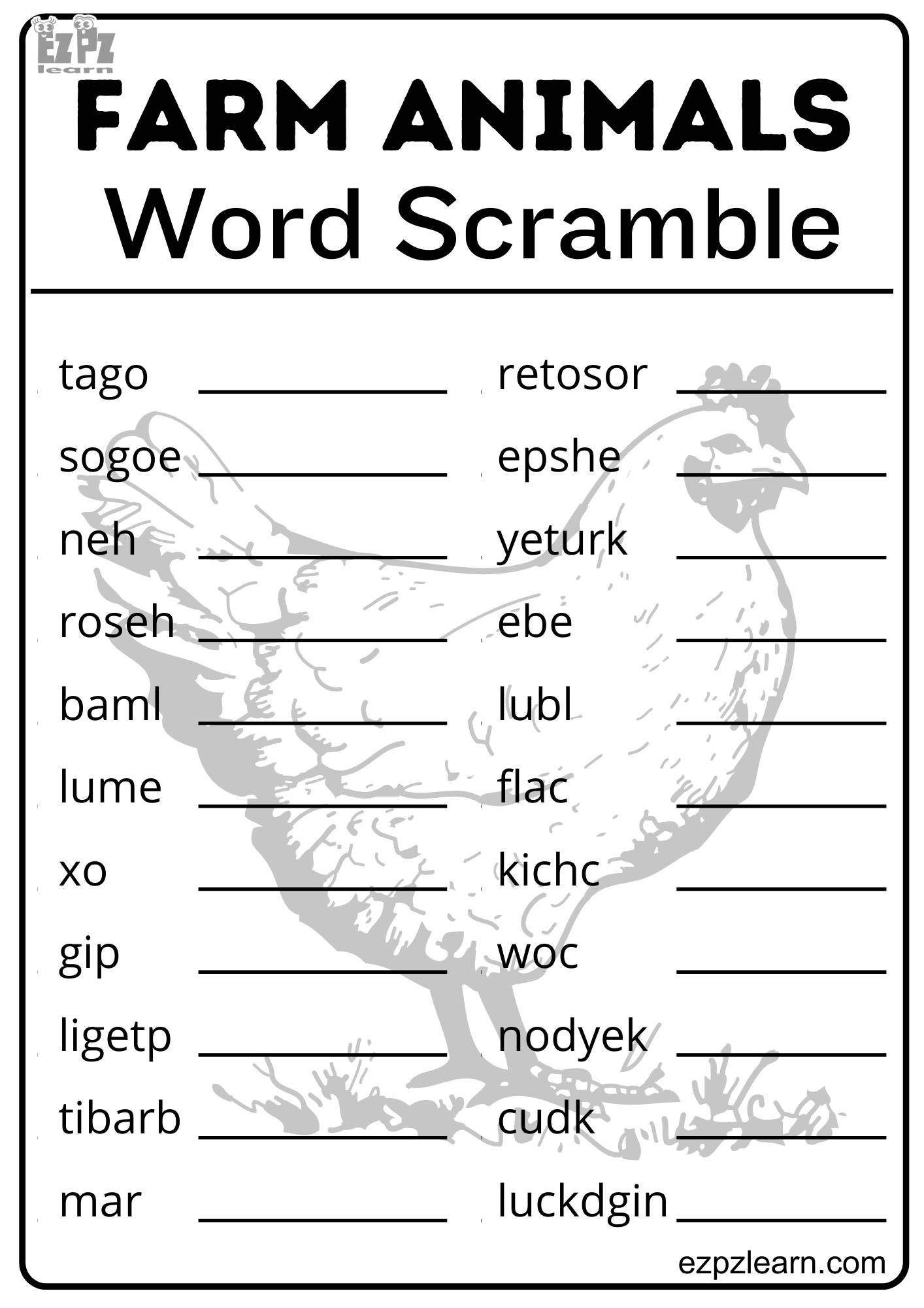 Farm Animals Word Scramble 22 Words Free Downloadable PDF Activity